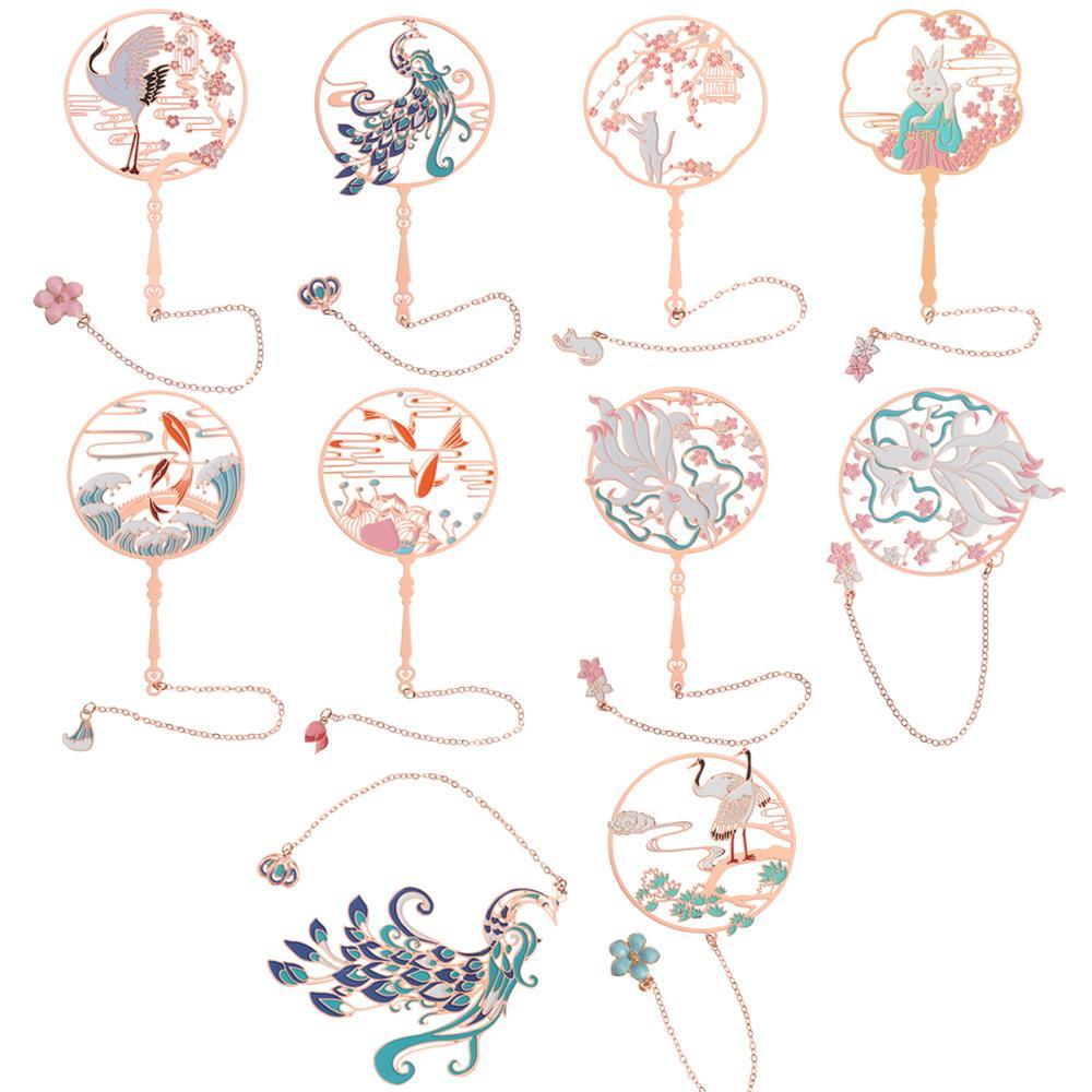 Chinese Style Calligraphy Painting Bookmark Group Fan Book Clip Pagination Mark Metal Tassel Stationery School Office Supplies