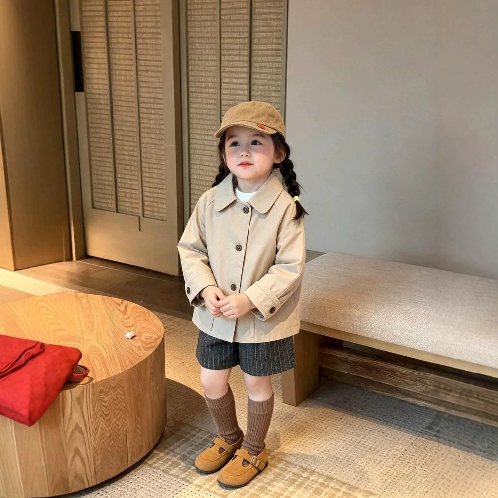 Girls' Autumn Wear Suit Retro Trench Coat Knitted Vest Shorts Medium Children'S Foreign Style Going Out Three-Piece Set