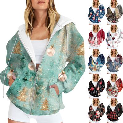 Женская длинная куртка-кардиган с рождественским принтом и карманами на молнии с капюшоном