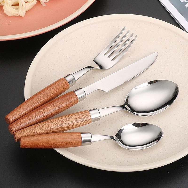 HS Western Cutlery Set: Exquisite Sapele Wood & 304 Stainless Steel Knife, Fork, Spoon with Round Wood Handle.
