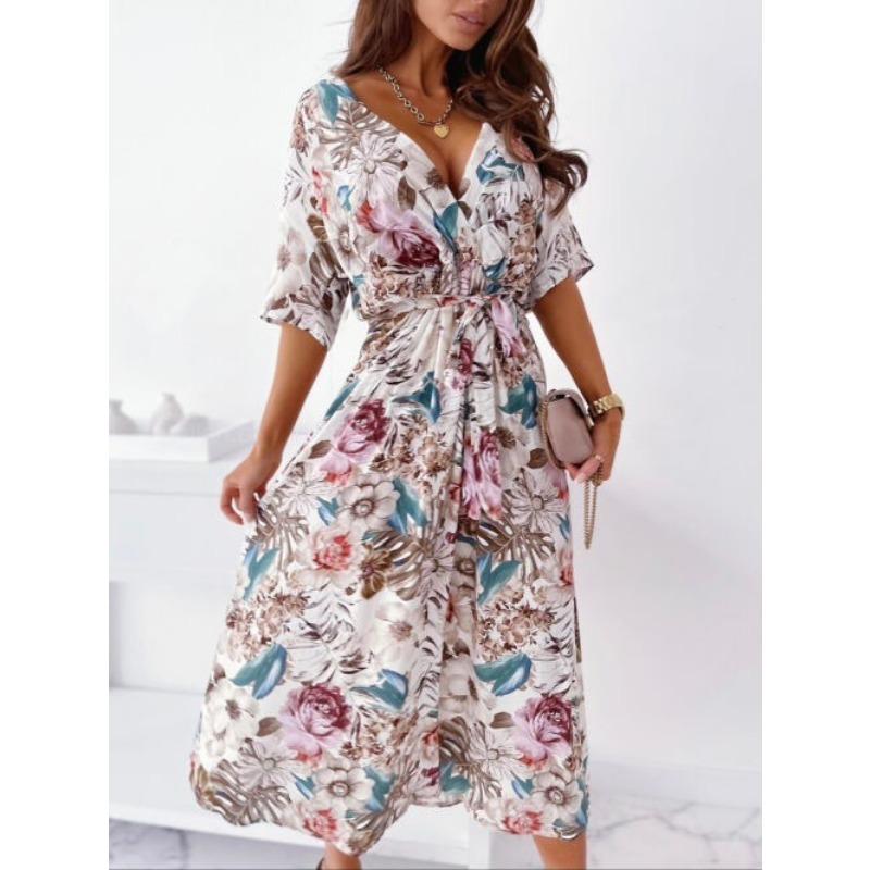 YYFS Женская мода лето весна цветочный узор принт с коротким рукавом V-образным вырезом с высокой талией повседневные платья