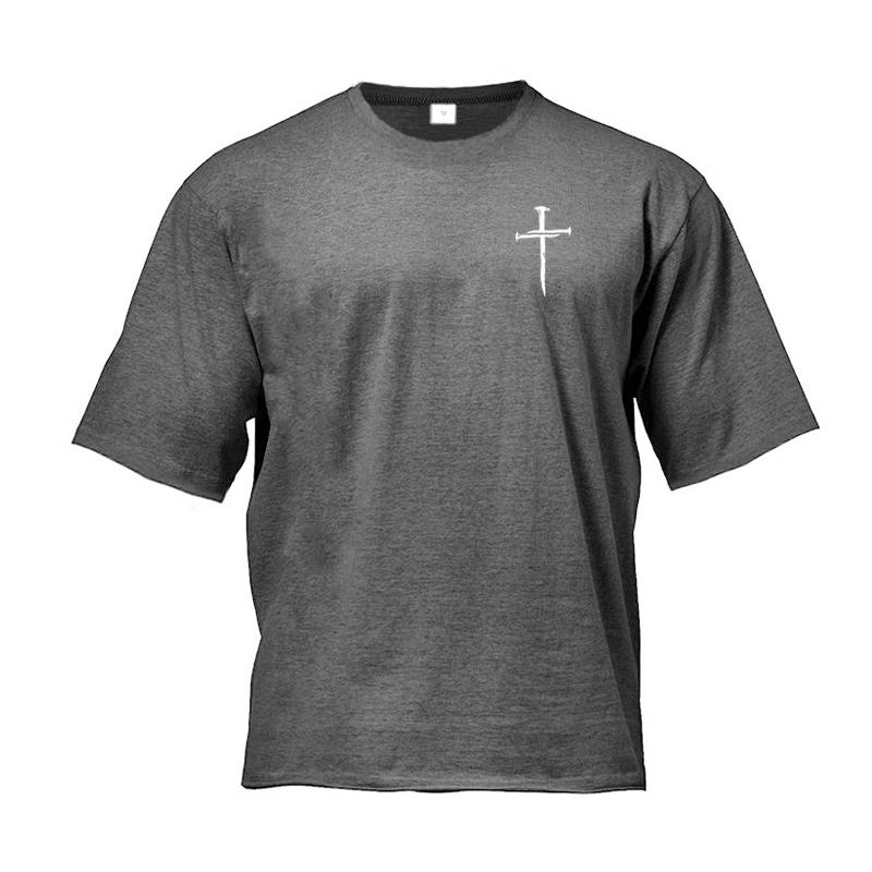 Large Cotton Men's Personalized Cross Print Men's Fitness T-shirt Loose Short Sleeved Round Neck Top T-shirt Daily Casual Wear