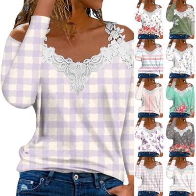 Модный кружевной пуловер с V-образным вырезом, длинный рукав, цветочный принт, повседневная футболка