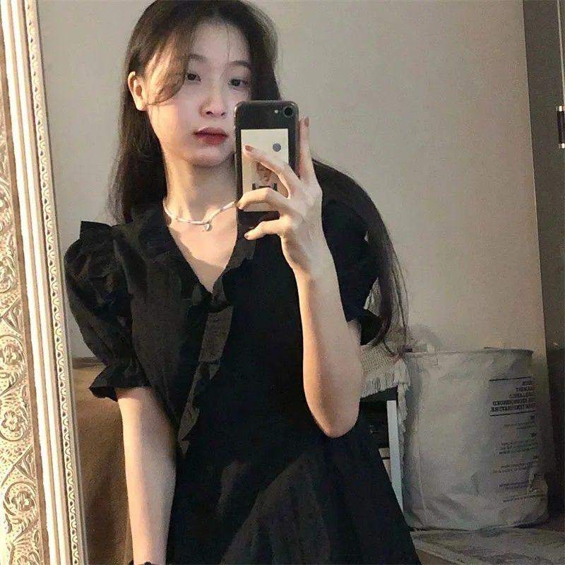 Корейская версия ретро однотонного платья с деревянными ушками и боковым кукольным воротником, облегающее талию, студенток, летняя юбка трапециевидной формы