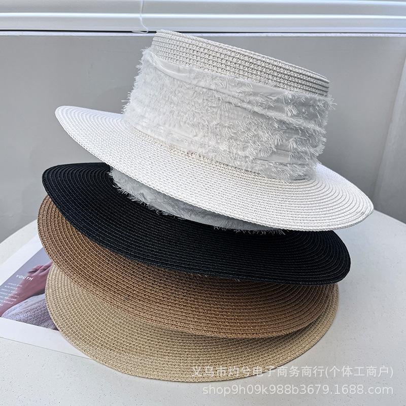 Beach hat men's and women's summer versatile British white straw hat summer seaside sunshade straw hat straw woven flat top