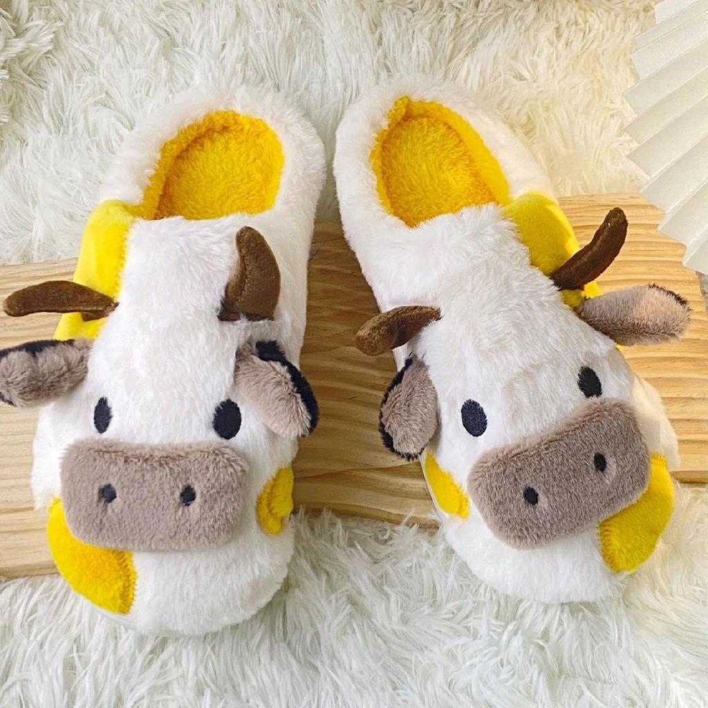 Плюшевые тапочки с коровьим принтом, зимние, теплые, нескользящие, уютные, милые, домашние тапочки для пар, мужчин