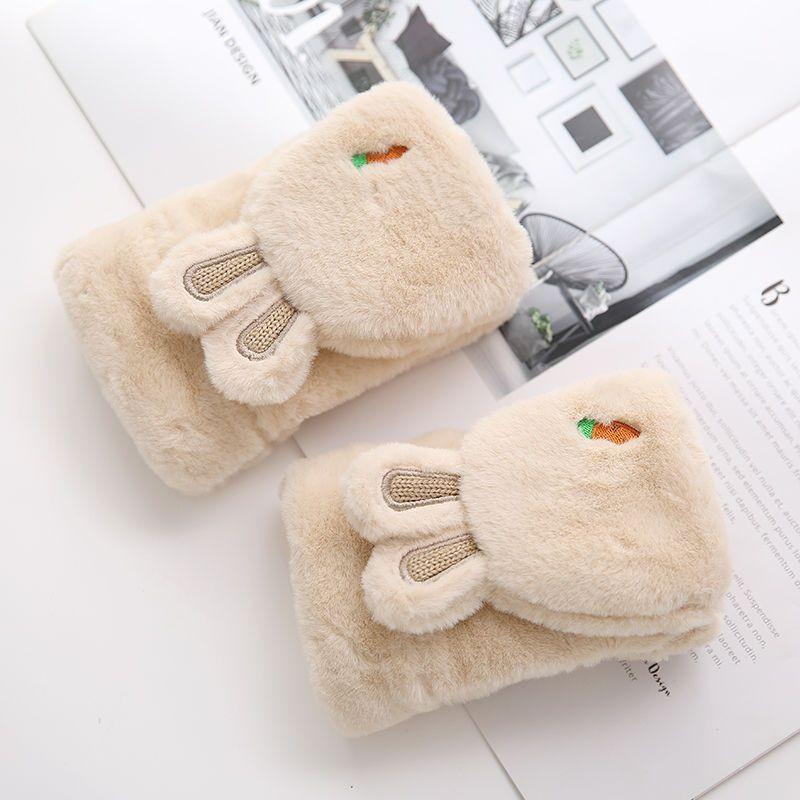 Зимние утепленные и утолщенные теплые перчатки женские, закрывающие лицо, щурящиеся кроличьи уши, милые плюшевые перчатки с застежкой-молнией, студенческие перчатки