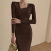 Fall Winter Cross Square Collar Sweater Dresses Women Long Sleeve Bodycon Slim Bottoming Office Party Knitted Dress