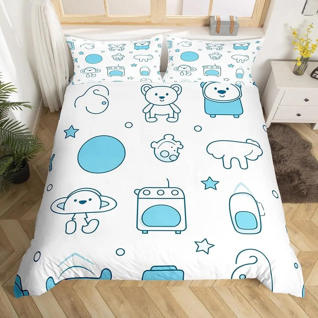 Boys Cartoon Robot Rocket Duvet Cover King Queen Size,Kids Spaceship Bedding Set 3Pcs Starry Galaxy Universe Planet Quilt Cover