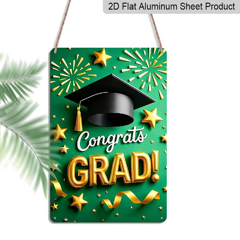 2D Flat 1pc "Congrats GRAD!" Aluminium Metal Wall Decor Sign - 8"x12" Green & Gold Graduation Decor, Grad Cap & Fireworks Wall Art, Perfect for