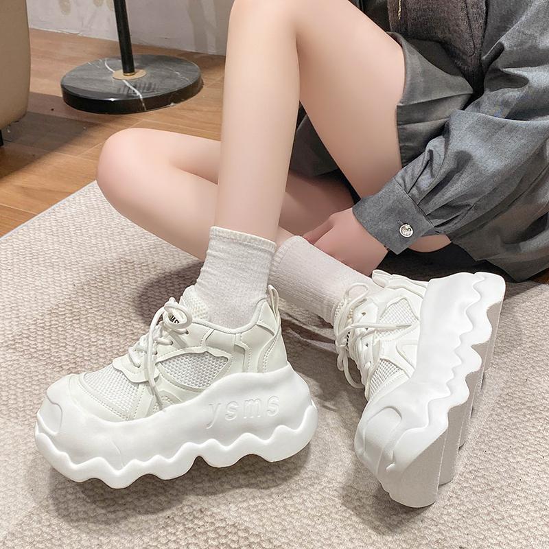 Милые кроссовки на круглой платформе для женщин из искусственной сетки, дышащие, на шнуровке, удобные, 8 см, толстые, вулканизированные туфли Zapatillas De Mujer