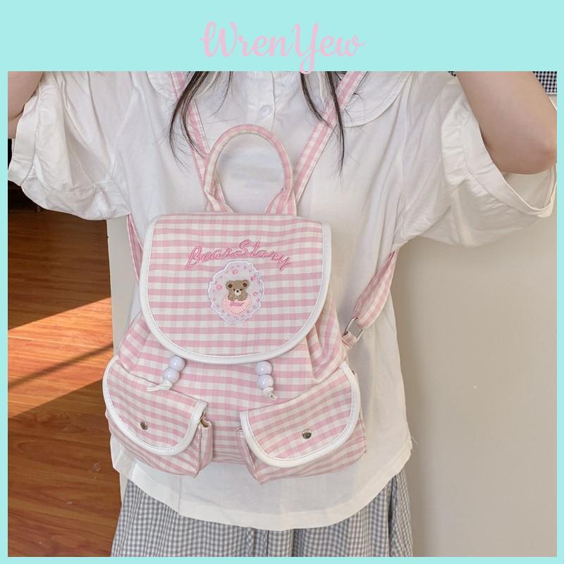 Letter Small Dog Embroidered Checkered Pattern Cartoon Backpack For Daily Use
