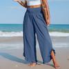Women Casual Pants Pleated Elastic High Waist Wide Leg Long Trousers with Pockets Ruffle