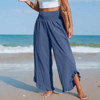 Женские повседневные брюки, плиссированные, эластичные, с высокой талией, широкие длинные брюки с карманами, манжетами-оборками, свободные брюки для отдыха