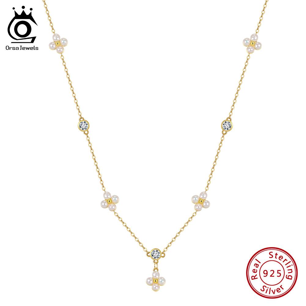 ORSA JEWELS Серебро S925 Золото 14 карат Клевер Жемчужное Ожерелье с Натуральным Жемчугом Украшения для Женщин Свадебная Вечеринка Банкет Подарок GPN100