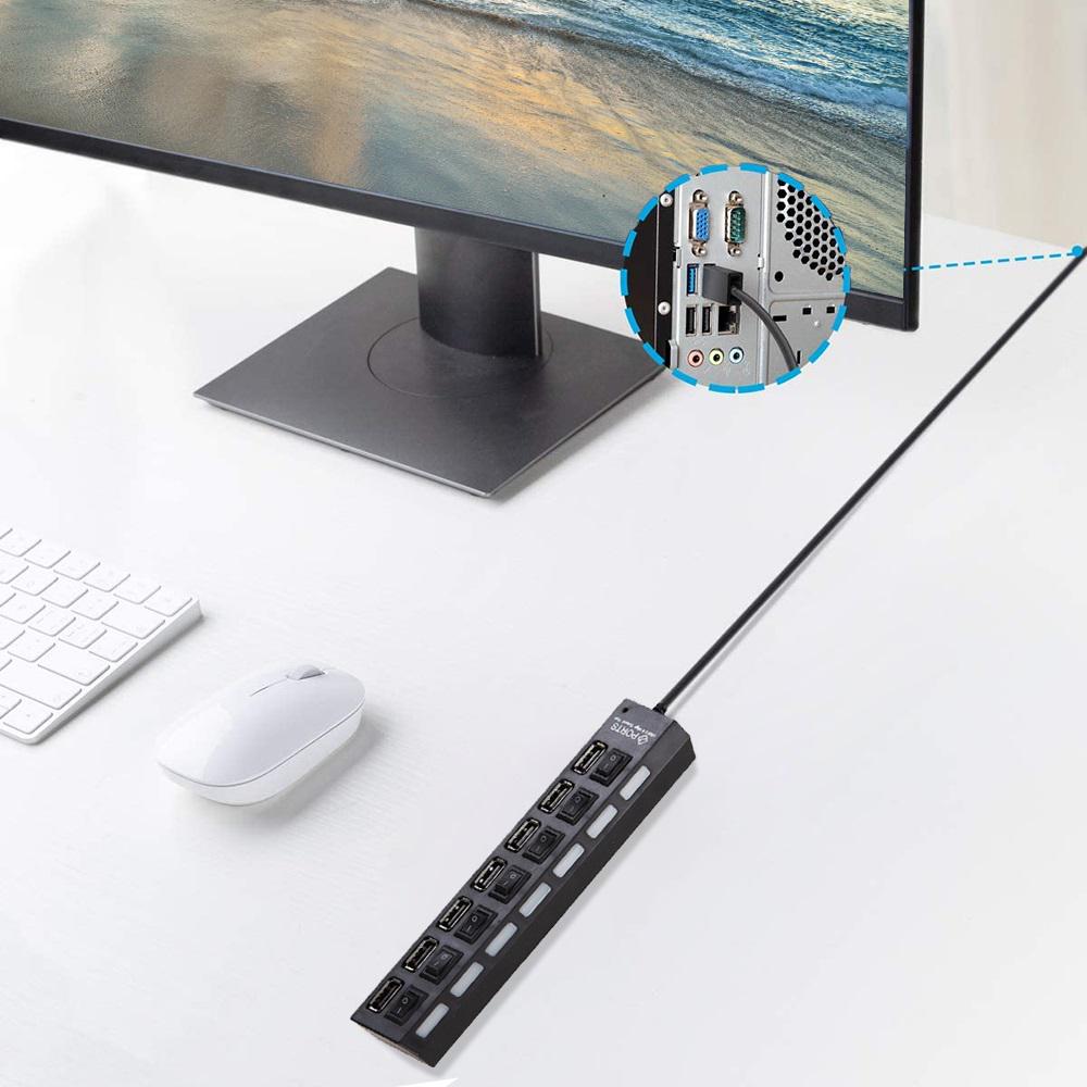 7 Ports USB Hub Splitter with On/Off Switches Long Cord for Laptop Desktop PC Computer Data Transfer