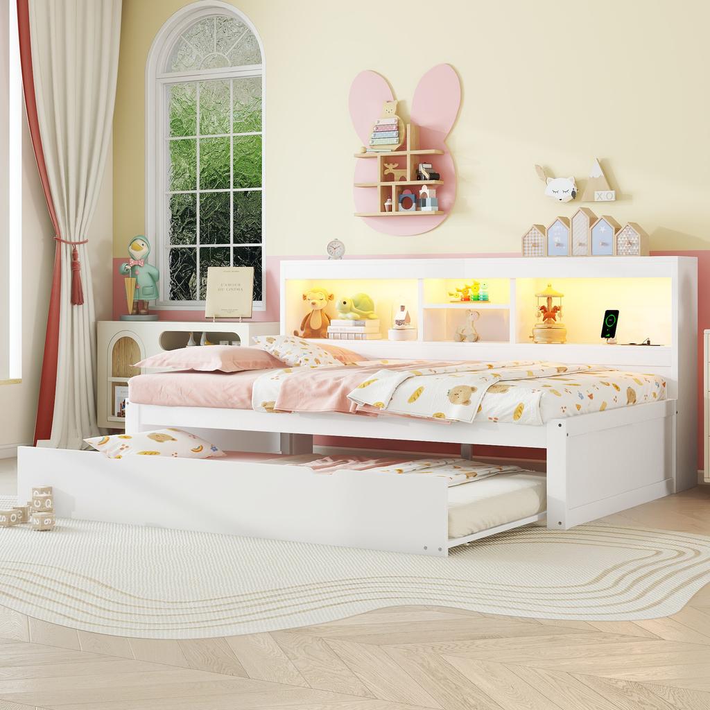 Sleeper Sofa, Daybed, Day Bed, 90*200cm, With LED Lights, Bedside Storage Compartment, Pull-Out Bed, Socket + USB, Without Mattress, White