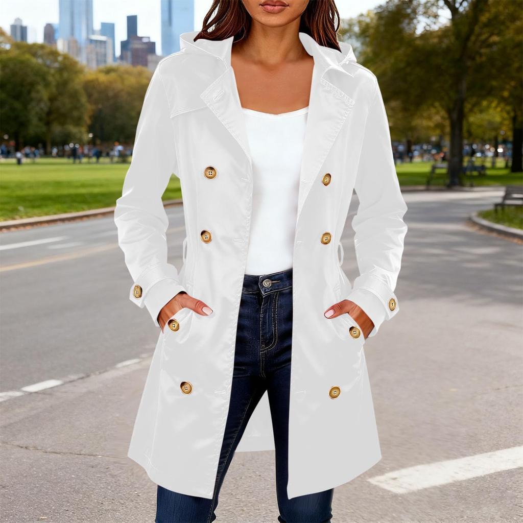 Women's Fashion Solid Color Collar Long Sleeve Double Breasted Windbreaker With Belt Coat