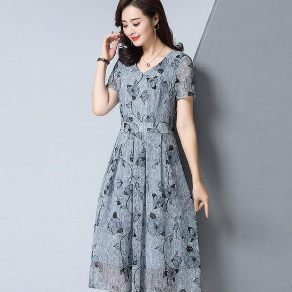 Модное женское повседневное платье трапециевидной формы с цветочным принтом и v-образным вырезом с короткими рукавами, длинное платье