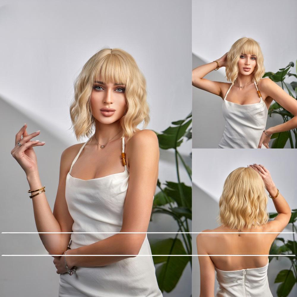 European and American Style Women's Short Curly Bobo Wig with Blunt Bangs Lades Summer Fashion Front Lace Heat Resistant Synthetic Fiber Wigs