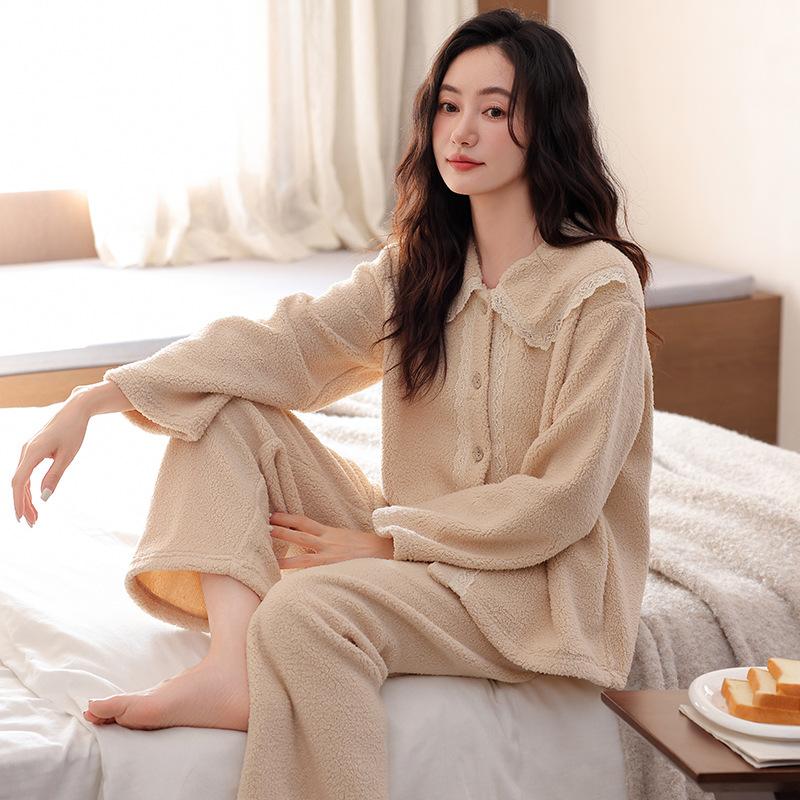 Coral fleece pajamas women's autumn and winter fleece thickened winter women's warm flannel can be worn outside loungewear suit