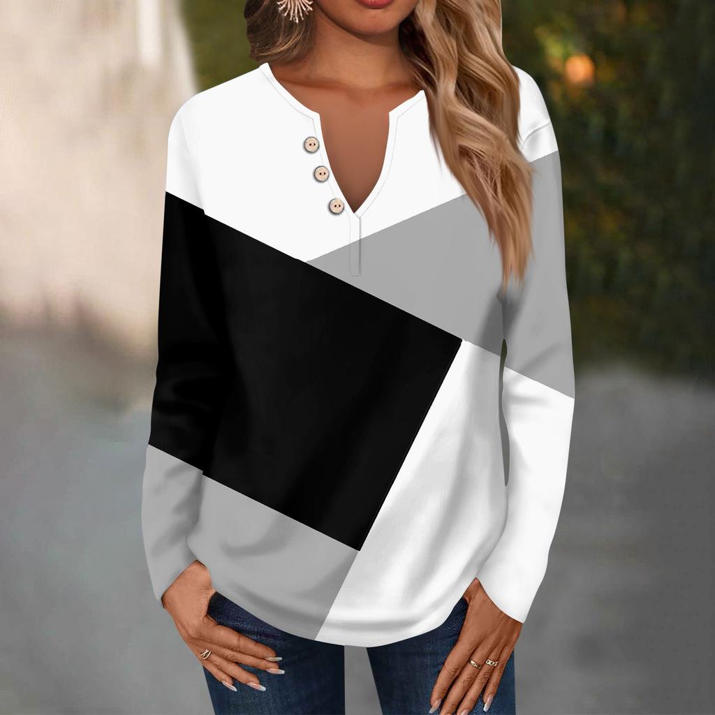 Женская модная повседневная футболка с V-образным вырезом и длинным рукавом, с принтом, с декоративными пуговицами