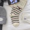 Полосатые носки из меха норки для женщин на осень и зиму, хлопковые носки до середины икры с пуговицами, ретро носки с флокированным ворсом для тепла