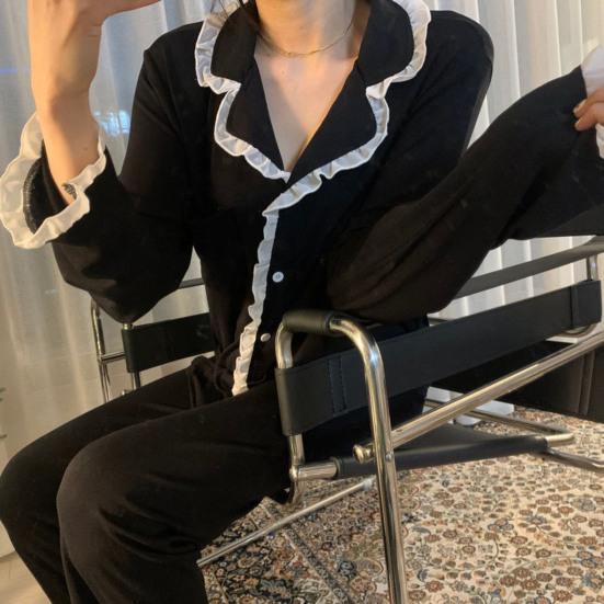 2 шт./комплект осень-зима женская пижама костюм с оборками отложной воротник однобортный длинный рукав кардиган топ широкие брюки пижамы повседневная одежда одежда