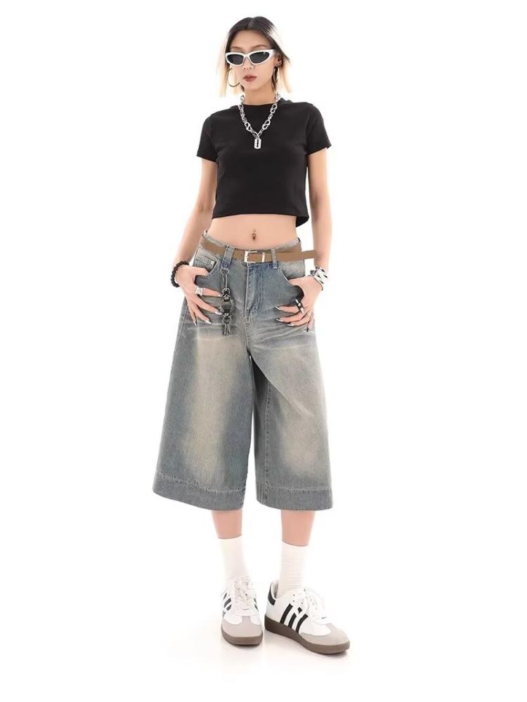 Джинсовые шорты с текстурой кошачьих усов в стиле ретро, женские винтажные широкие брюки в американском стиле, уличные летние женские свободные короткие джинсы с высокой талией в стиле ретро Y2k