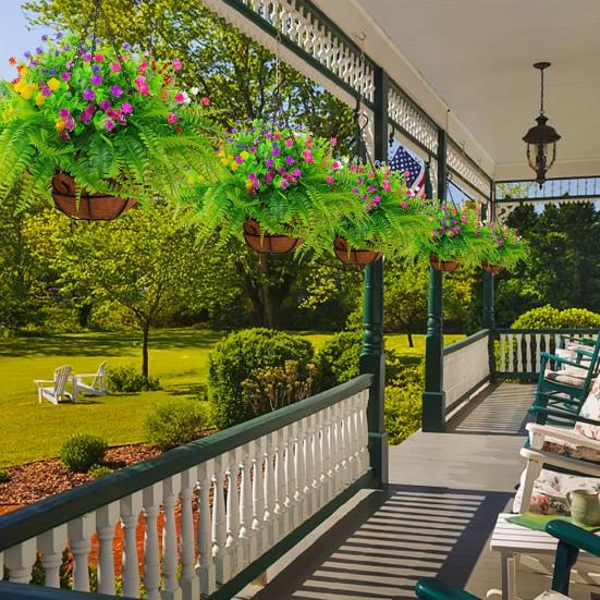 Искусственные висячие цветы с корзиной Искусственные шелковые цветы на кокосовой подкладке Корзина Искусственная висячая фиолетовая петуния для весеннего садового крыльца