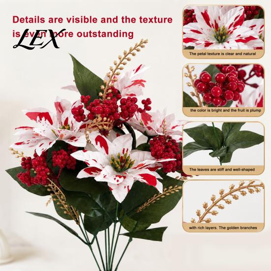 Fade Resistant Plant Stakes Artificial Poinsettia Flowers, Christmas Fake Floral Berry Centerpiece, Fade-Resistant Dieffenbachia Plants Red And White
