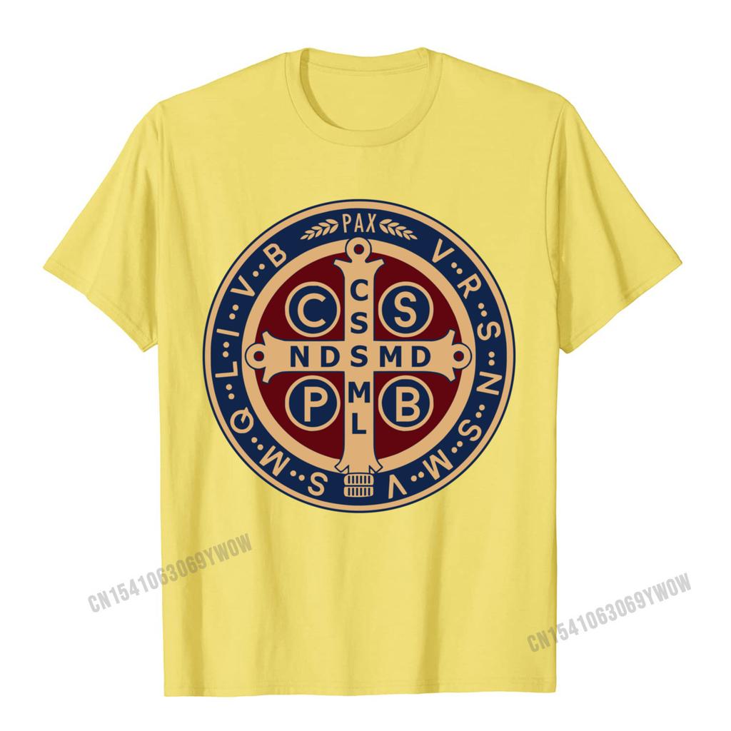 The Saint Benedict Medal Catholic Pullover Tees Camisas Men Slim Fit Mens T Shirt Printed T Shirt Cotton Geek