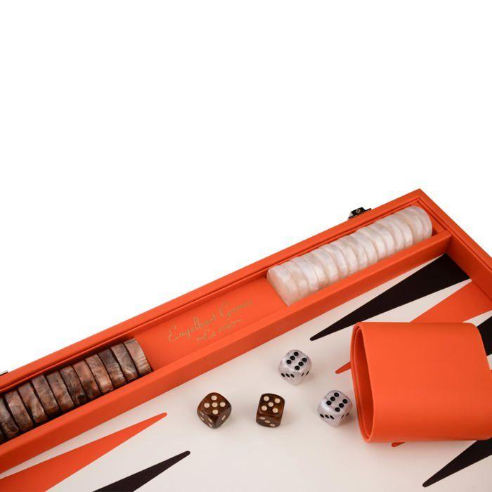 Backgammon de Luxe - ENGELHART - Prestige Similicuir Orange & Marron - 18" Grand Format - Mallette Rigide - Pions Marbrés