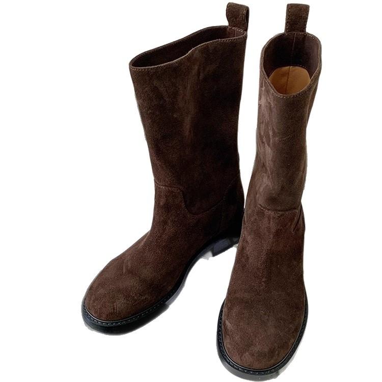 Корейская версия женских ботинок-сигарет ручной работы, новые кожаные ботинки средней высоты в стиле ретро, ботинки-рыцари прямого силуэта, одинарные ботинки осень-зима 2025