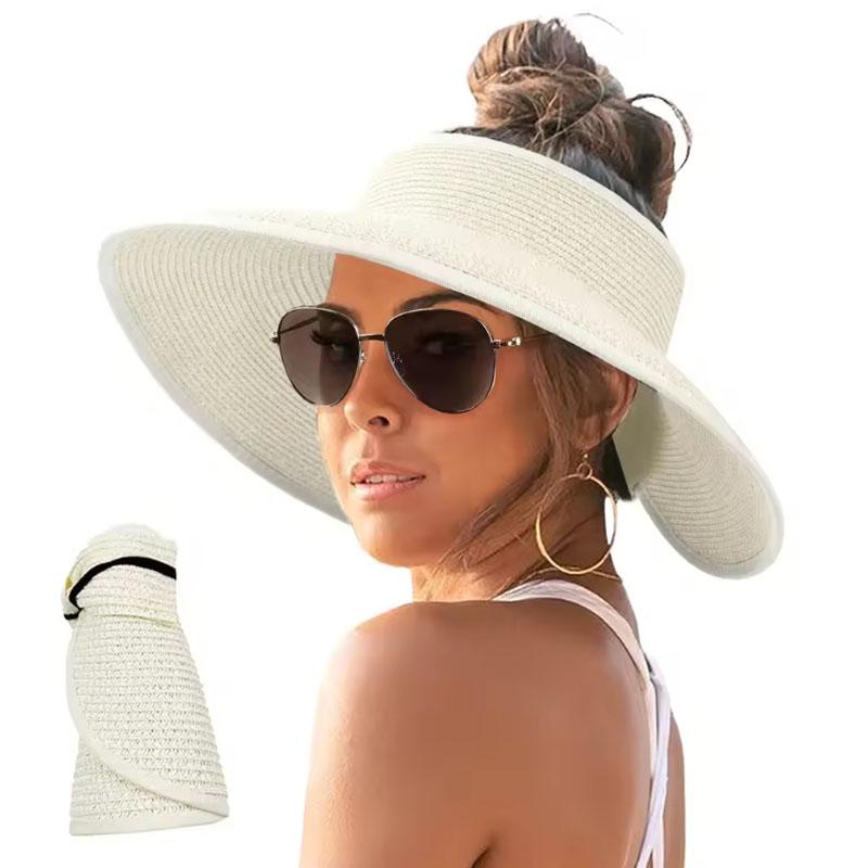 Straw Hat Women Foldable Visor Hats,Sun Visors for Women Wide Brim Straw Ponytail Summer Beach Hat