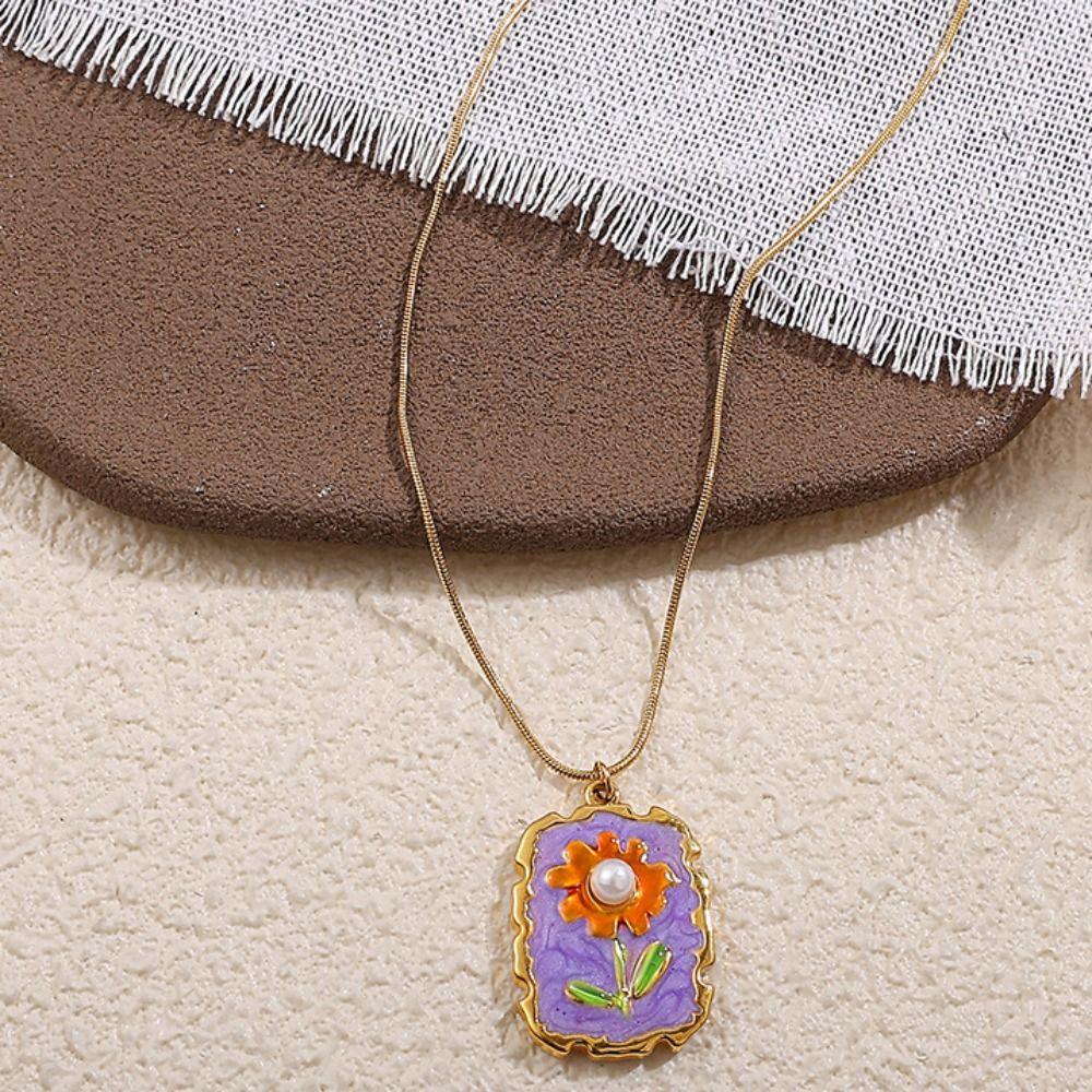 Dripping Oil Stainless Steel Chain Necklace Flower Clavicle Chain Sunflower Enamel Necklace  Girls