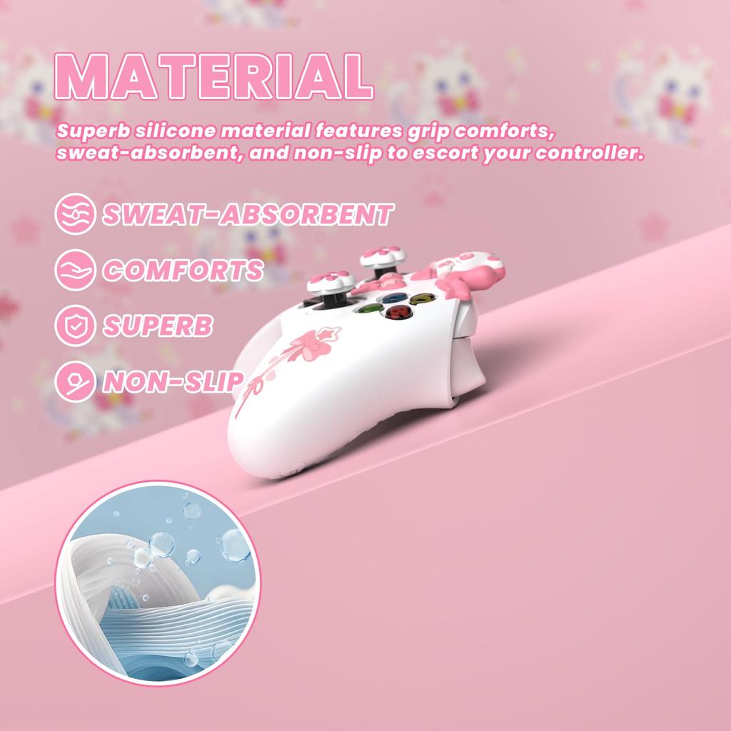 Силиконовый чехол PlayVital Sweetheart Kitty, совместимый с Xbox Series, включает в себя упор для большого пальца и симпатичный чехол для захвата X/S, наклейки, дизайн,