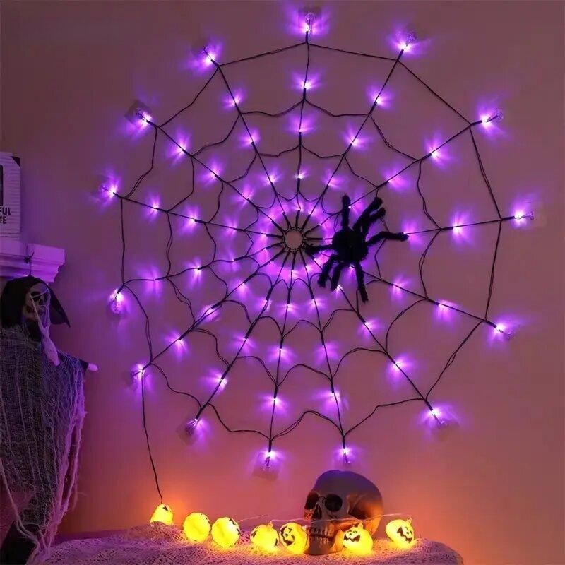 Halloween Spider Web Decoration Light With Giant Hanging Spider&Triangular Web,Indoor/Outdoor Wall Lamp For Haunted House,Party