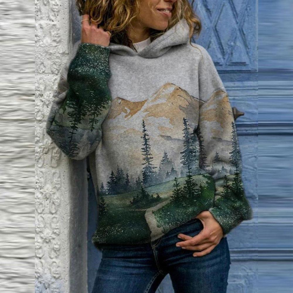 Винтажные толстовки с капюшоном Harajuku для женщин, элегантные свободные толстовки с принтом в горном стиле, весенние повседневные спортивные костюмы, топы, свободный свитер