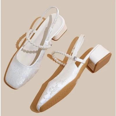 2025 Новые женские туфли на высоком каблуке с квадратным носком, с принтом, на среднем каблуке, туфли-лодочки для платья, женские, неглубокие, с бусинами на ремешке, элегантные босоножки-слингбэки