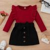 Однотонные топы с длинными рукавами для маленьких девочек, мини-юбка на пуговицах, осенний модный повседневный комплект