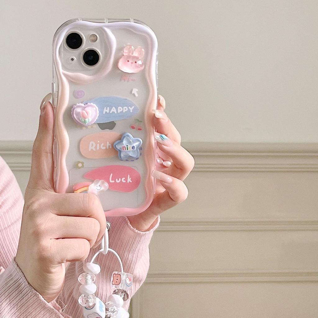 Cute Three-dimensional Bear and Rabbit Suitable for Apple 16 Transparent Mobile Phone Case IP14PRO Soft Shell Bell Pendant Bracelet