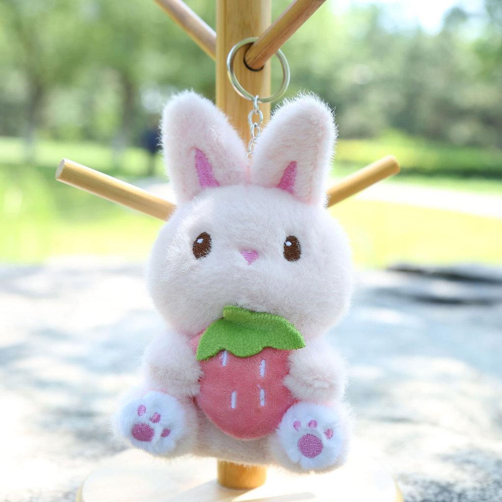 Plush Bunny Toy Keychain With Strawberry Design For Kids Gift And Bag Accessory