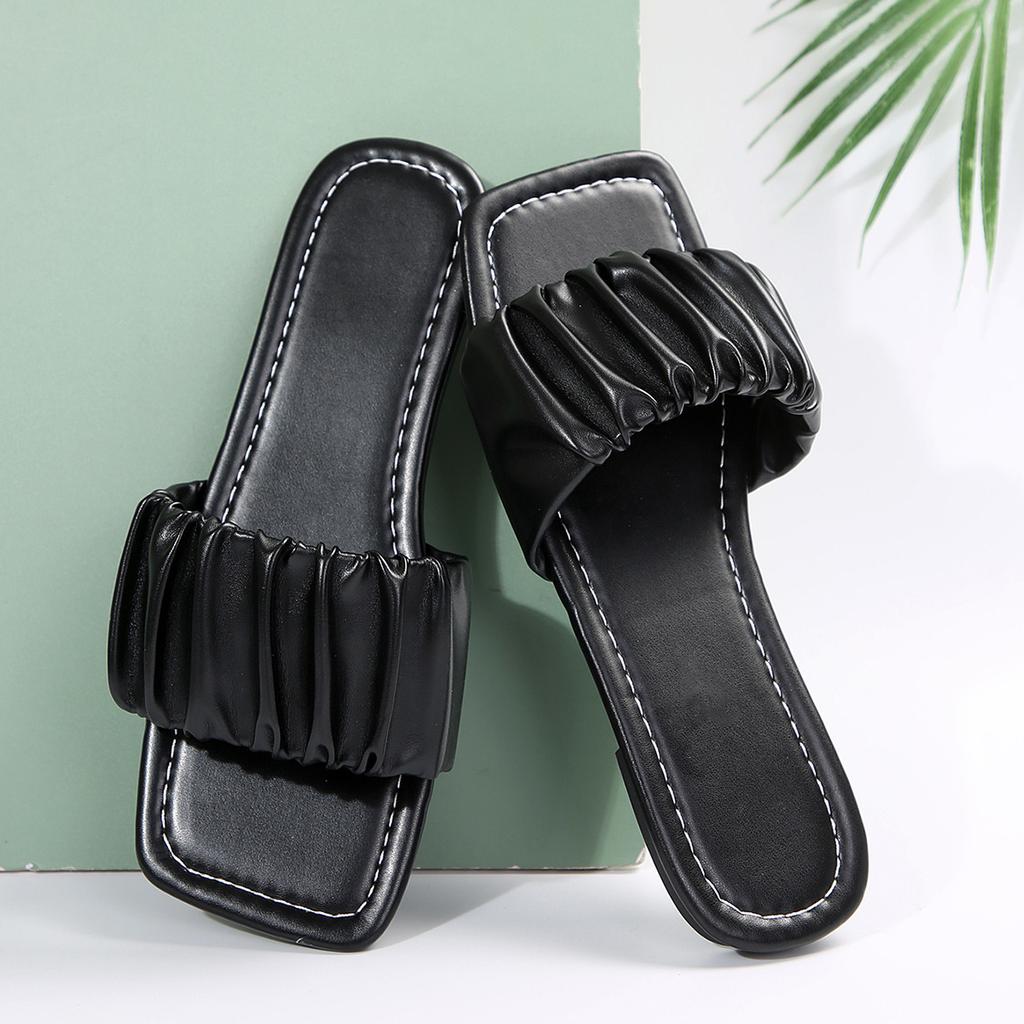 2025 Large Size Flat Slippers New Summer Fashion Pleated Sandals Square Head Slippers Spot Women's Shoes