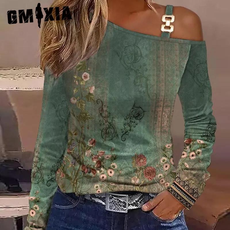 GMXIA Женские модные повседневные осенние простые свободные блузки и рубашки с диагональным воротником на металлических пуговицах и длинным рукавом на одно плечо