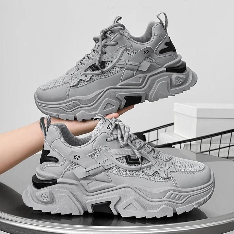 Большие размеры 45, массивные кроссовки для мужчин, кроссовки для бега, модная повседневная кожаная сетка, дышащая, увеличенная высота, спортивная обувь на плоской платформе