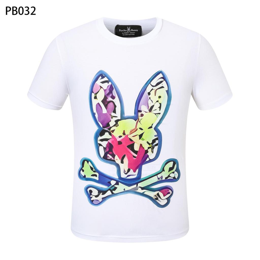 Футболка мужская Psycho Bunny с цветным рисунком черепа и кролика - круглый вырез, уличный тренд