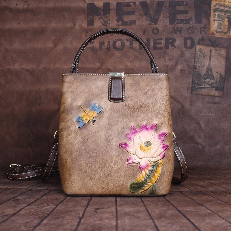 Vintage Flower Embossing Mini Shoulder Bags for Women Fashion Crossbody Bag Genuine Leather Bucket Bag Phone Bags Purse GZW
