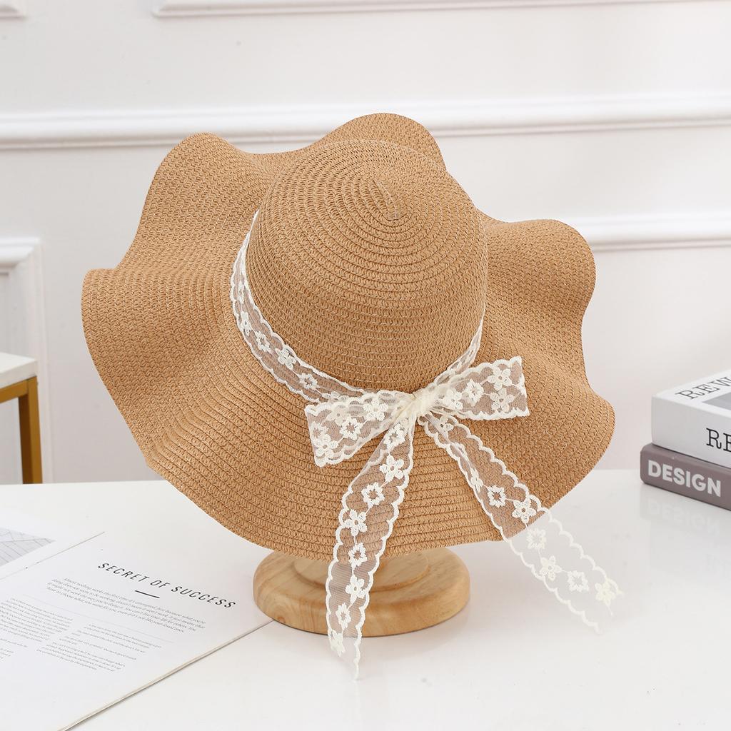 Милая уличная шляпа от солнца Женская отпускная пляжная шляпа-рыбак Кружевная лента Волнистый край Соломенная шляпа