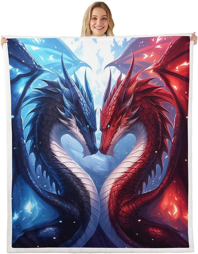 GUOYU Blanket Dragon Fleece Throw Blanket Japanese Ukiyoe Theme Sherpa Blanket Queen for Bed Sofa Couch Girls Japanese Style Plush Blanket